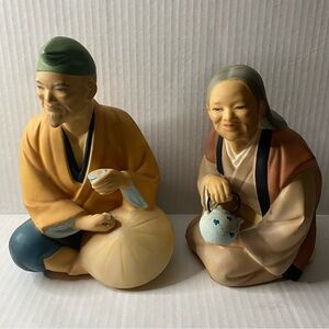Hakata Urasaki Style Clay Figurines Japanese Elderly Couple Dolls drinking tea